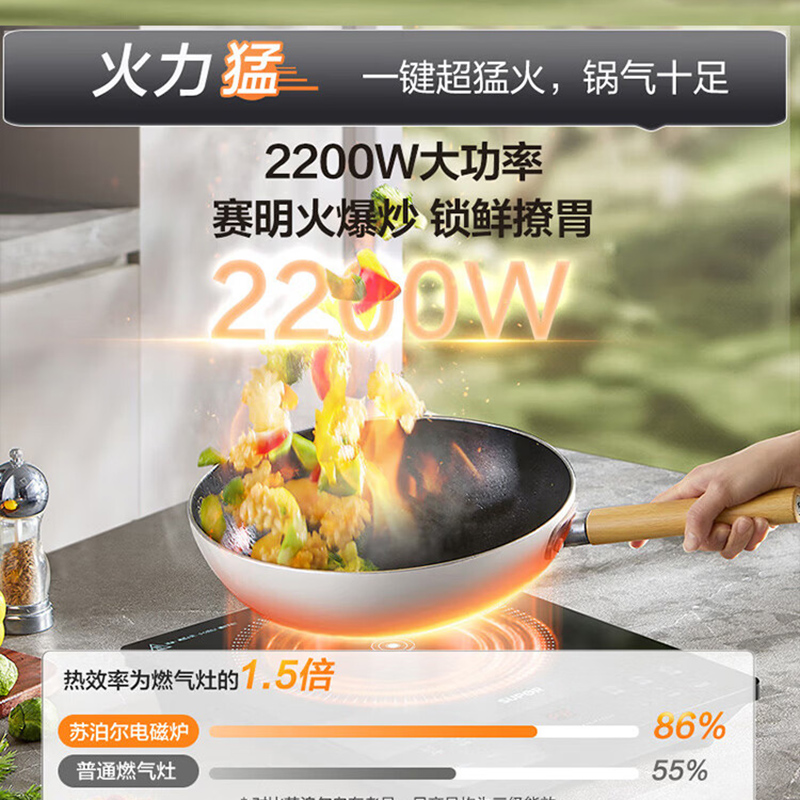 苏泊尔风火轮系列电磁炉家用2200W大功率匀猛火电磁灶一体加大黑晶面板C22-IA626D高清大图