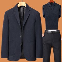 啄木鸟爸爸春装外套装中年西服男春秋季喜公公婚宴礼服中老年西年 180/XL适合120-135斤 藏青色+假两件+裤子