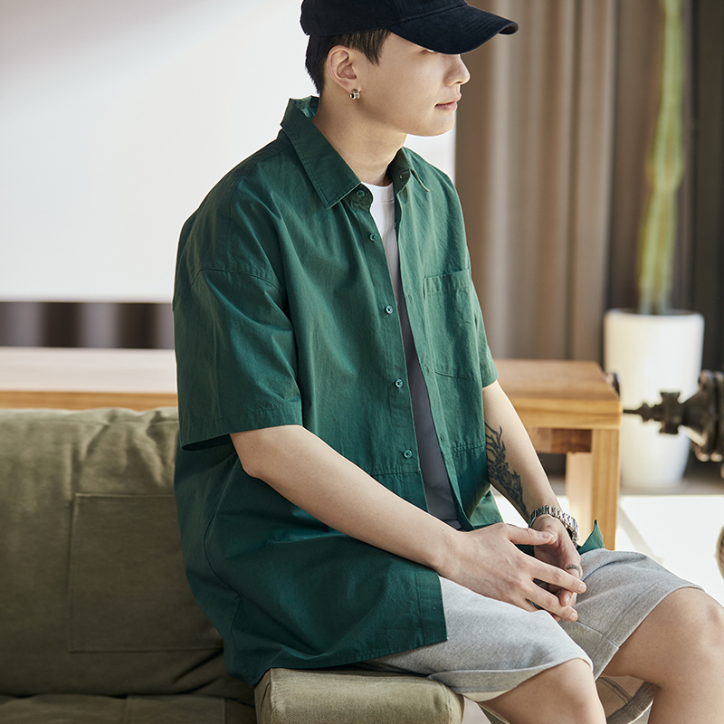 [2.5折价89元]唐狮夏季新款工装短袖衬衫男宽松日系复古衬衣美式重磅外套潮