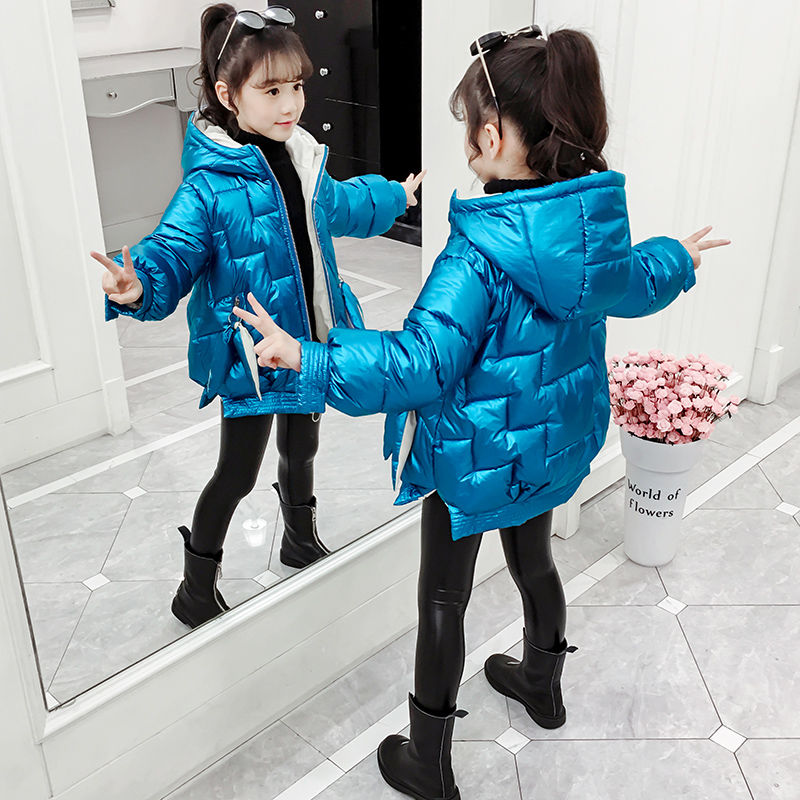 女童冬装加绒加厚棉衣2020新款韩版外套小女孩棉袄儿童羽绒棉服潮 蓝色亮皮 130 130厘米高穿