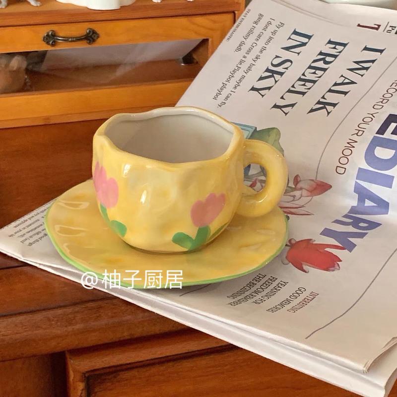 精致女孩的下午茶 小众复古手捏粉色条纹陶瓷马克杯咖啡杯碟套装 黄色郁金香套装