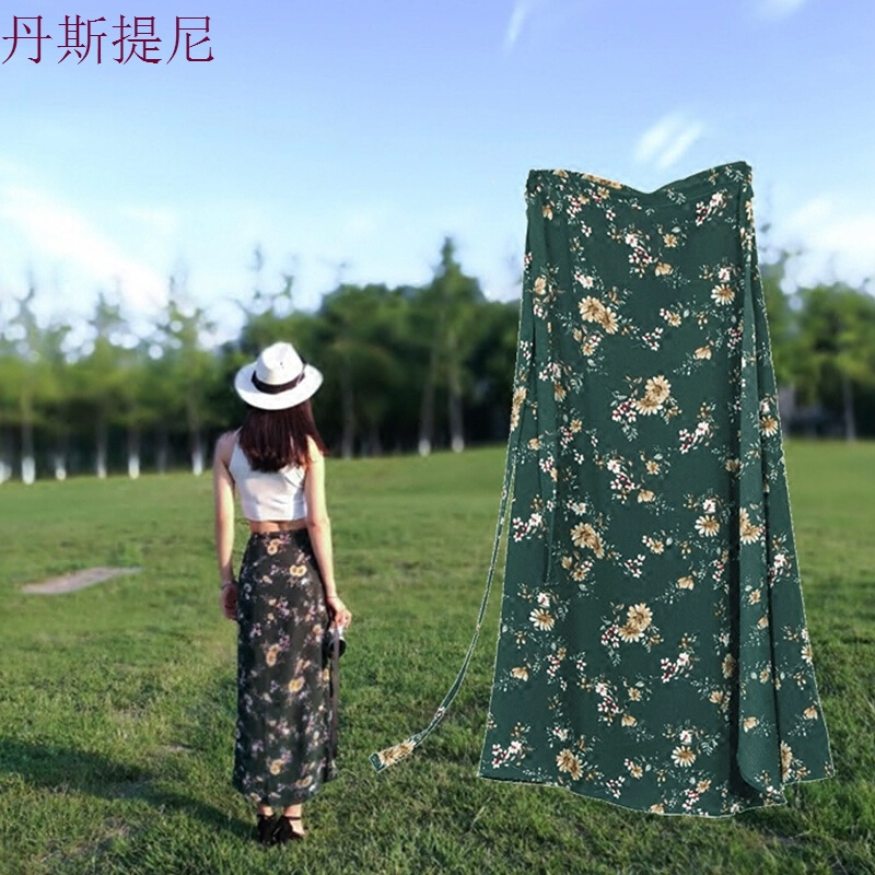 裙子女夏2018半身裙中长款雪纺一片式碎花系带裹裙子7号色-红(均码)适合140斤以内