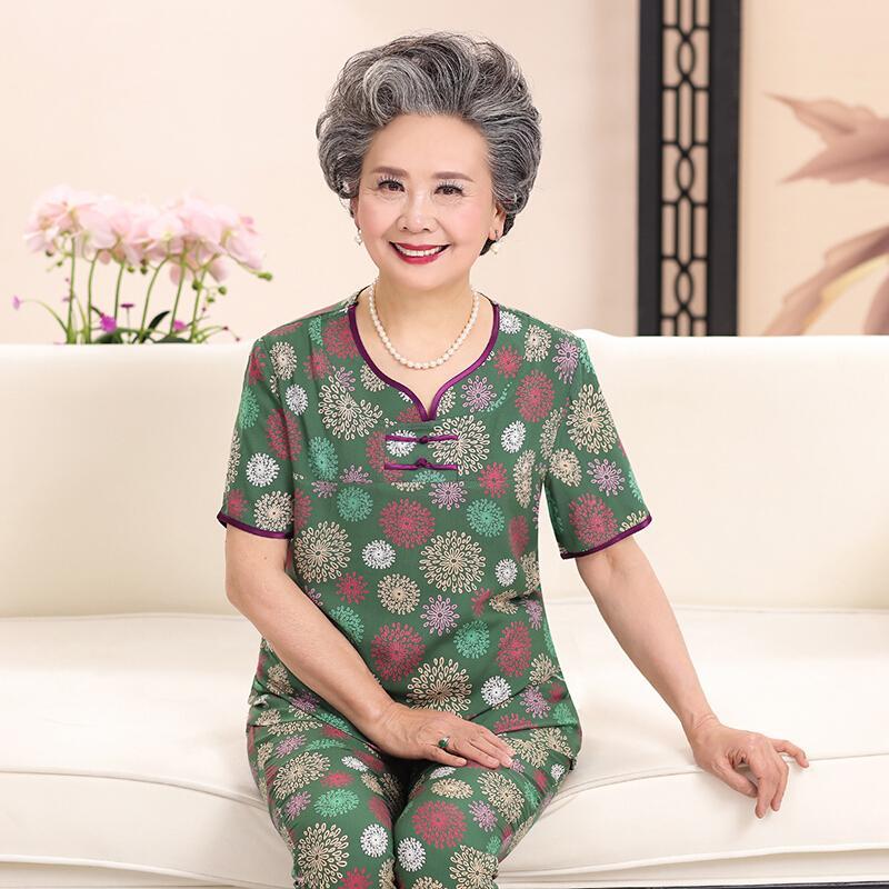 中老年女装棉绸套装夏装老年人短袖老太太60-70奶奶装两件套