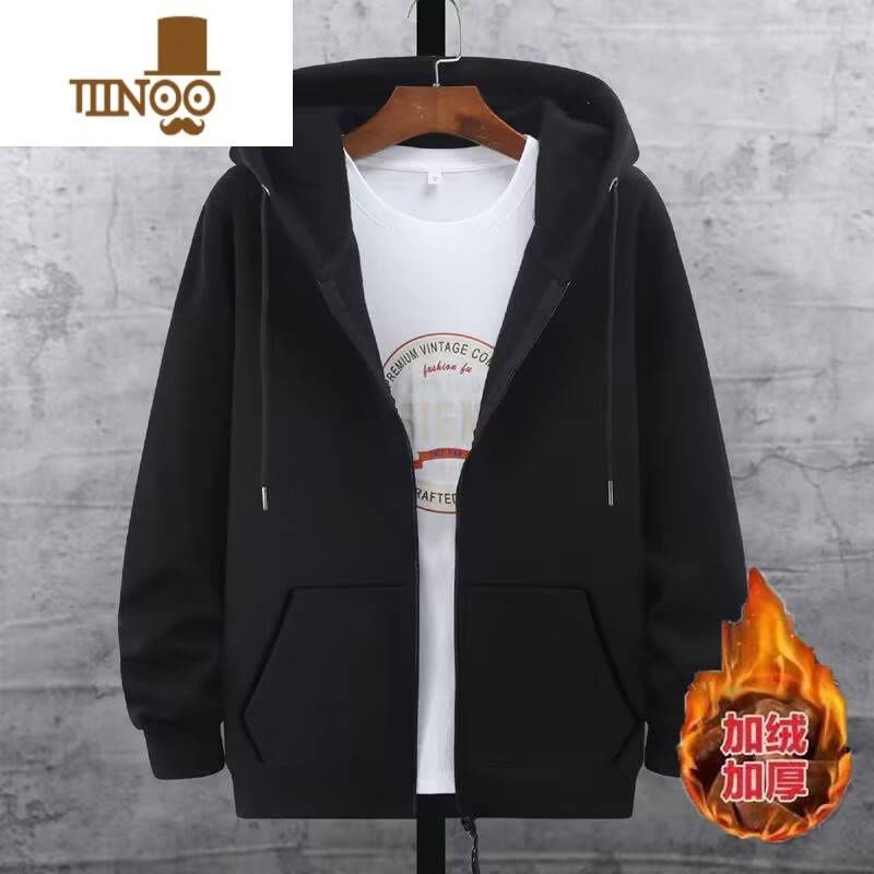 YANXU男士连帽开衫卫衣男冬季加绒休闲拉链男士运动上衣韩版外套图片