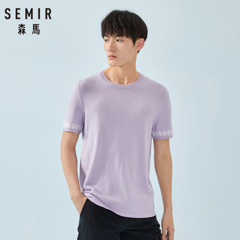 semir森马短袖毛衫男春季圆领套头休闲上衣男士撞色衣服潮
