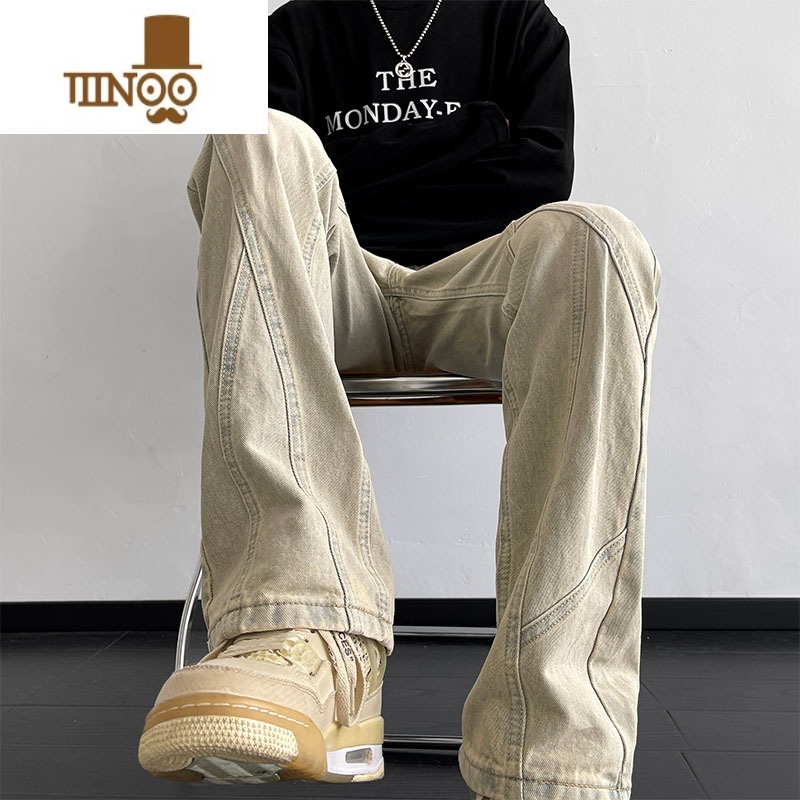 YANXU水洗直筒牛仔裤男痞帅日系复古做旧高街国潮怀旧美式宽松裤子高清大图