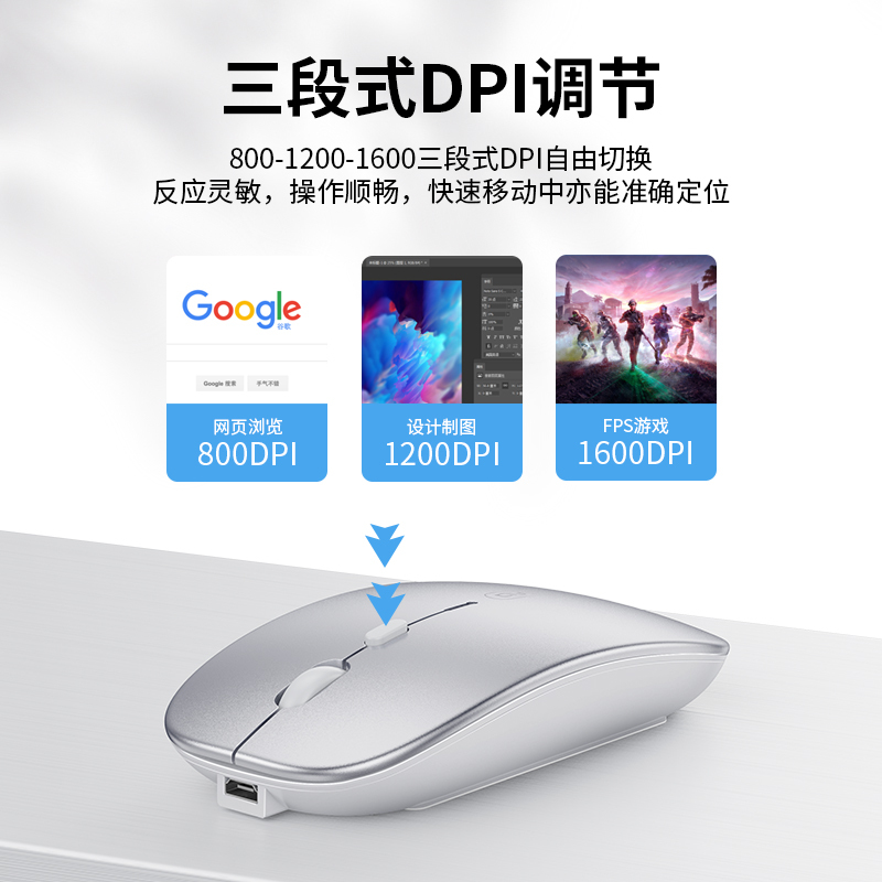 无线鼠标可充电式蓝牙双模5.0男女生无限游戏便携办公适用苹果华为笔记本电脑USB通用塔菲克无线鼠标2.4G版[太空银]