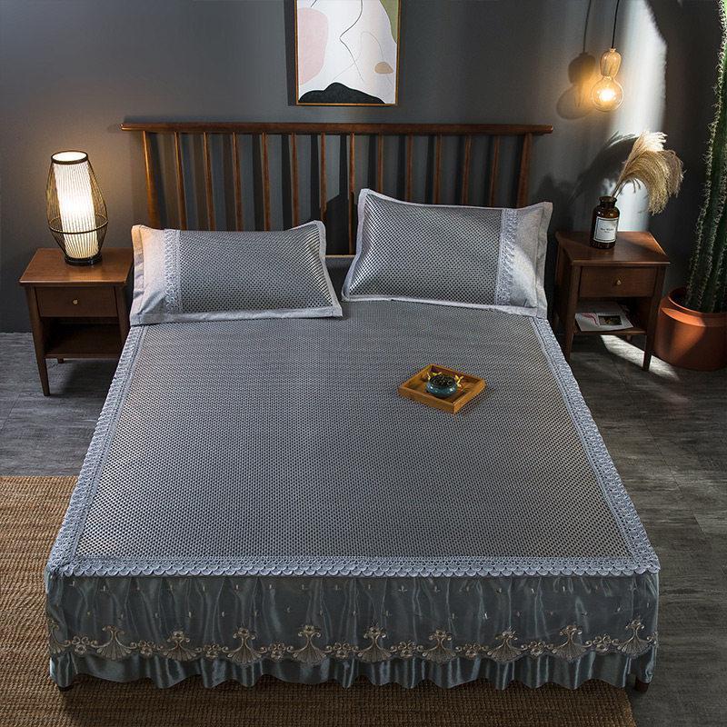 夏季冰丝凉席凉感藤席1.5米软席子1.8m床宿舍席床裙三件套2_299 1.5m（5英尺）床 奥裕-床裙款藤席(曜石黑)