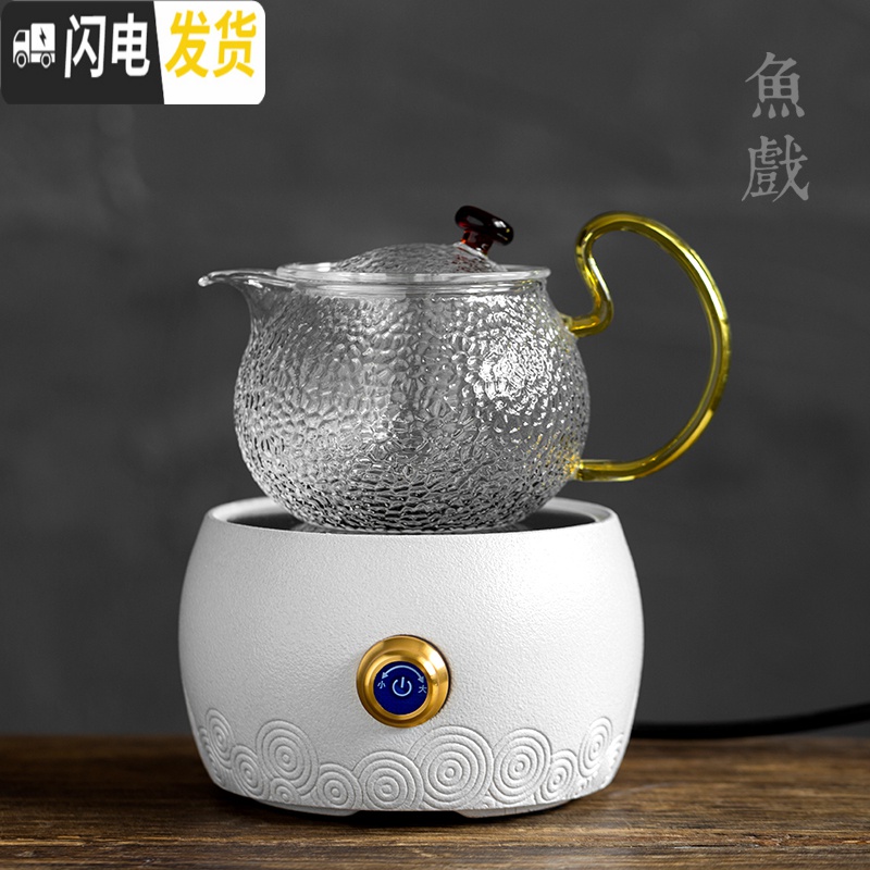 三维工匠家用全自动电陶炉煮茶器玻璃烧水壶日式陶瓷茶炉泡茶套装 弓竹提梁壶+祥云电陶炉·白茶具高清大图