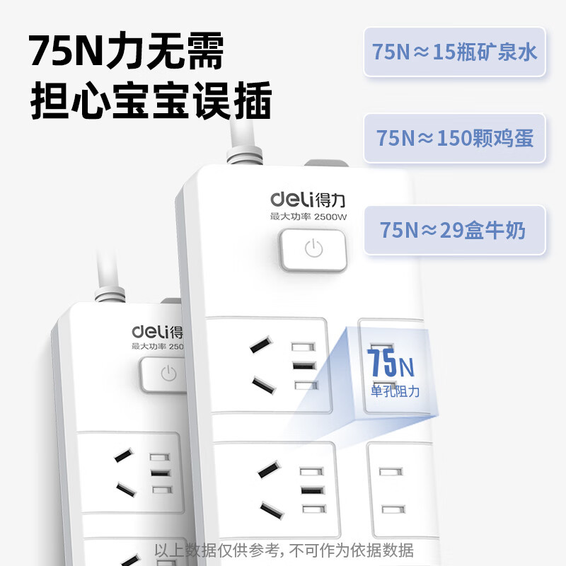 得力(deli)18255新国标6位2米 大孔距总控开关插座/插排/插线板/接线板/排插/拖线板 白色