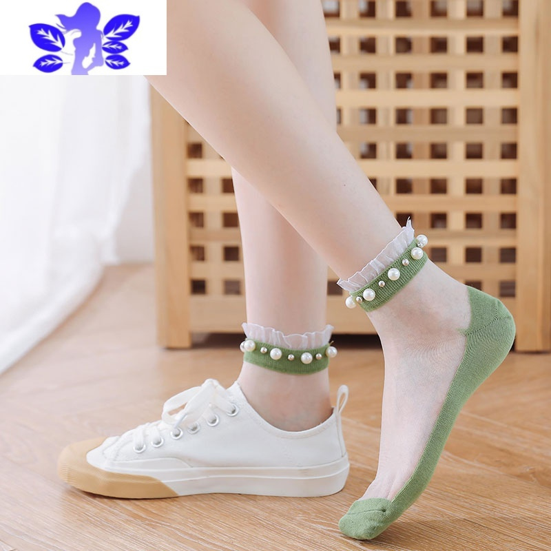 ideamini花边珍珠袜子女短袜浅口网红蕾丝夏季薄款棉底透明玻璃丝水晶