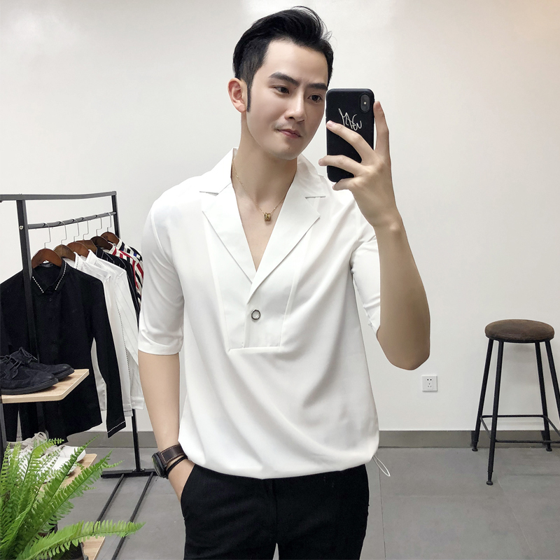型师服装 夏季七分袖V领衬衫潮男韩版修身帅气中袖薄款短袖衬衣