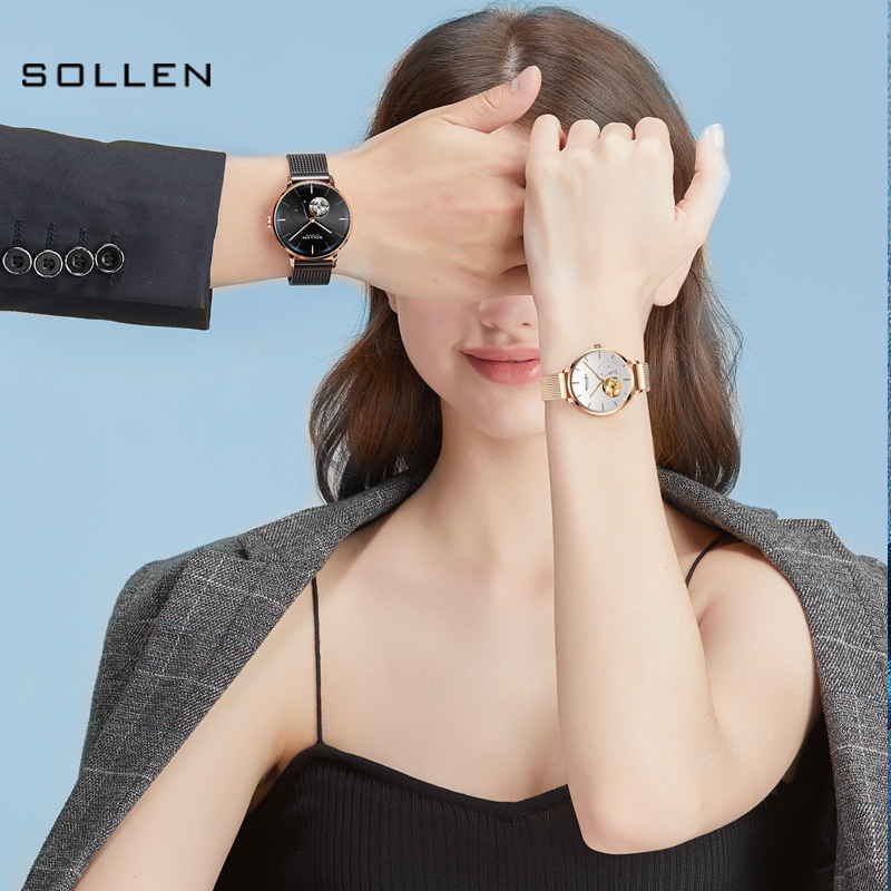 梭伦(SOLLEN)手表男女ins风简约时尚商务镂空一对情侣表自动机械表潮流女男士手表SL523高清大图