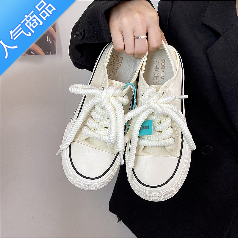 SUNTEK易少年 厚底增高半托两穿帆布鞋女ins潮超火百搭懒人一脚蹬小白鞋高清大图