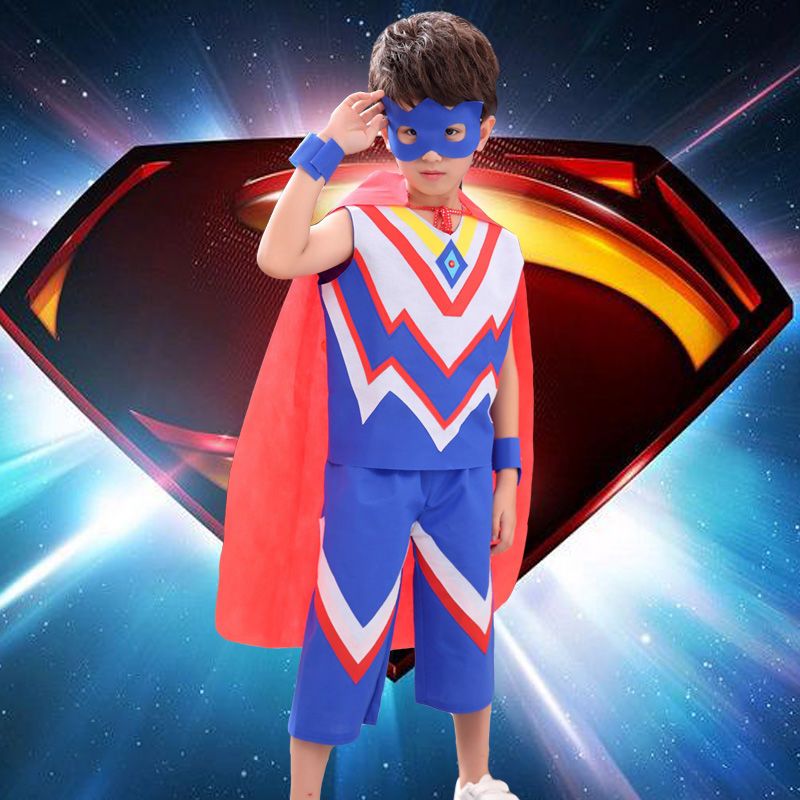 六一儿童环保服装走秀手工衣服男幼儿园亲子时装走秀奥特曼演出服蓝色