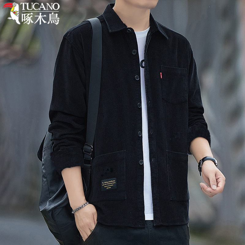 啄木鸟纯棉灯芯绒衬衫男士秋冬款长袖工装风全棉宽松衬衣男装外宽高清大图