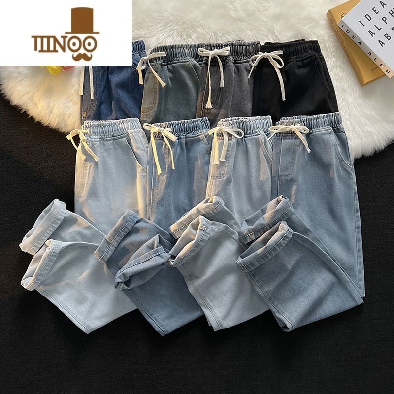 YANXU日系松紧腰牛仔裤男夏季薄款直筒宽松潮牌高街阔腿裤休闲长裤高清大图