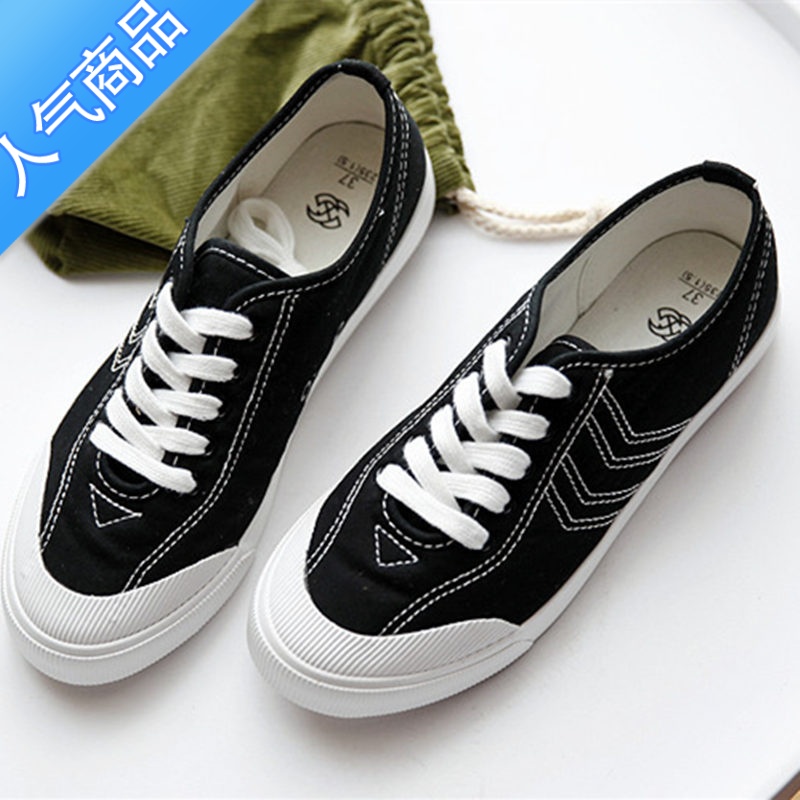 SUNTEK夏季女鞋新款帆布鞋低帮系带平底布鞋韩版百搭休闲板鞋透气小白鞋高清大图