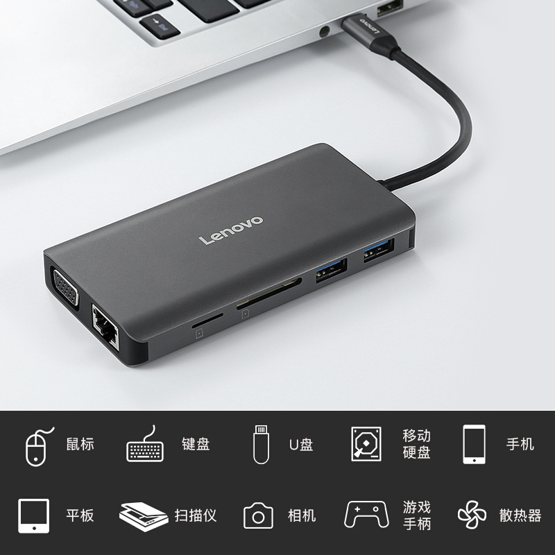 联想 原装Type-C扩展坞USB-C转HDMI转VGA转换器HUB集线 USB3.0分线器PD快充/苹果MacBook