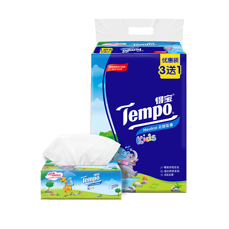 Tempo/得宝 抽纸 4层90抽软抽*(3+1)包(儿童版)(天然无味) 面巾纸餐巾纸卫生抽纸巾高清大图