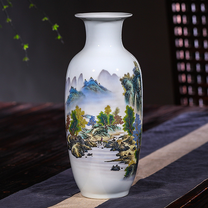 瓷物语工艺品摆中式花瓶件仿古现代新花插客厅家居装饰山川秀色冬瓜瓶送底座