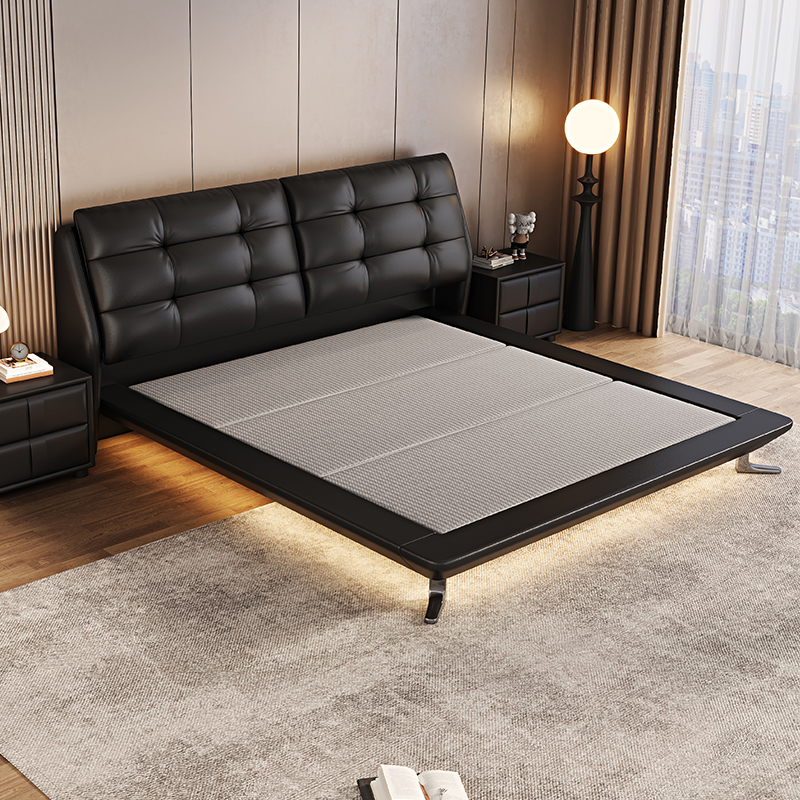 意式真皮床轻奢现代简约双人床鸭子脚满铺悬浮床家用软包婚床高清大图