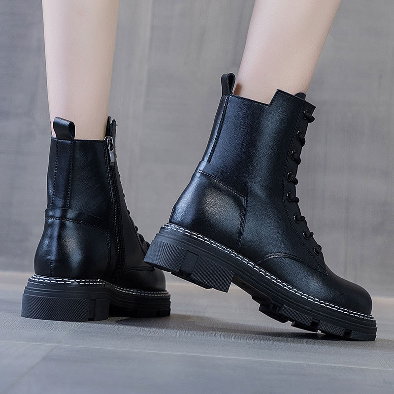 秋冬季加绒厚底真皮牛皮马丁靴女韩版系带女靴子休闲女学生鞋子 女高清大图