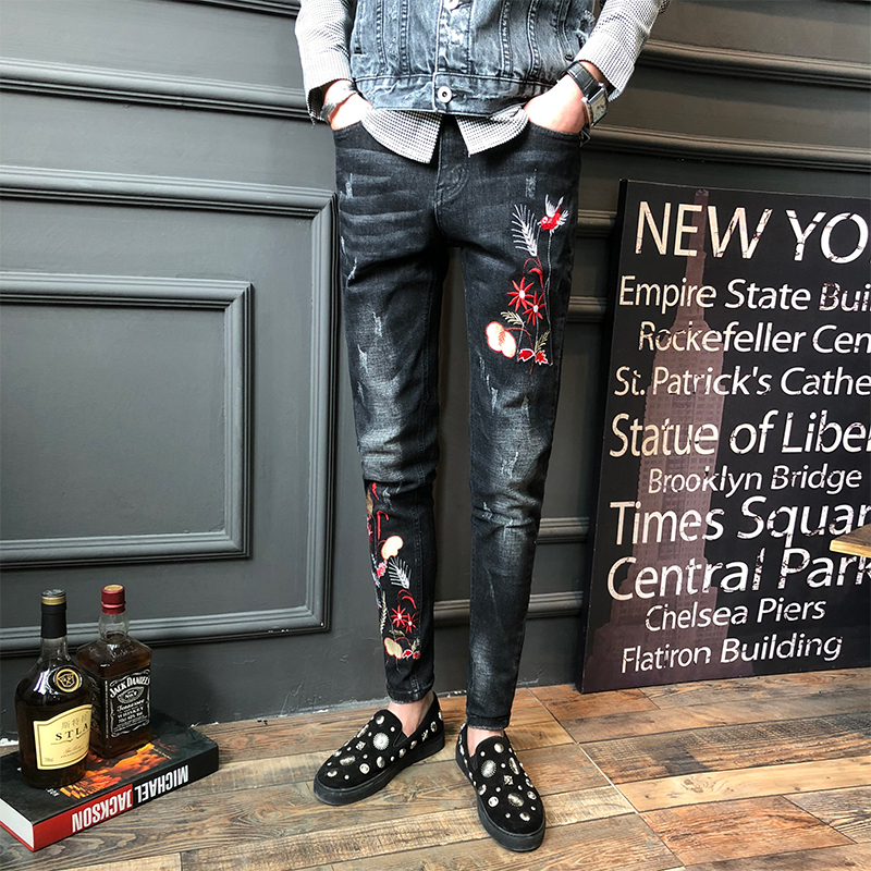 牛仔裤男刺绣韩版帅气修身小脚春夏2018年轻休闲印花显瘦紧身裤子