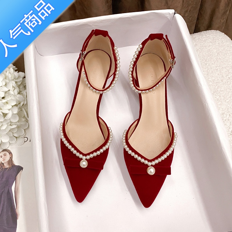 SUNTEK粗跟婚鞋女2022年新款新娘鞋酒红色加绒珍珠高跟鞋秀禾单鞋不累脚