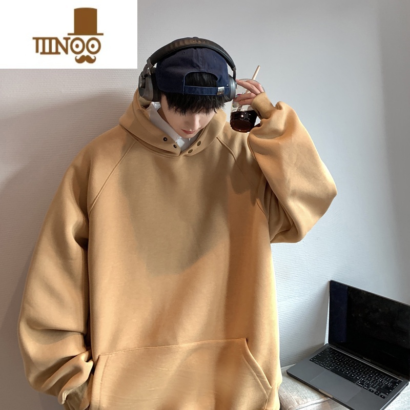 YANXU美式连帽卫衣男新款高克纯色套头上衣青少年情侣宽松款套高清大图