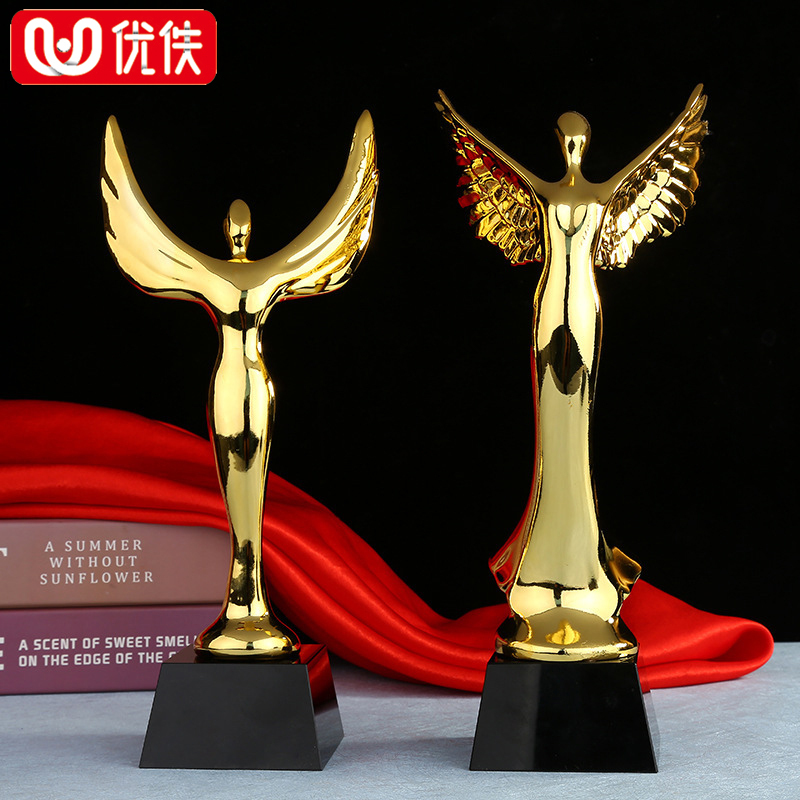 优佚新款定制小金人天使奖杯创意金属纪念奖品公司镀金水晶奖杯电影颁奖影视广播奖