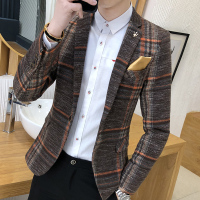 莎丞 2021春秋季新款男士西装格子韩版修身青年小西服休闲英伦外套单西潮