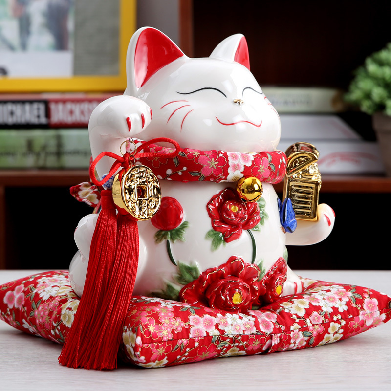 大号10寸花开富贵招财猫摆件 陶瓷存钱罐招财猫储蓄罐礼盒装 办公室前台商铺居家摆件开业乔迁礼品 木垫