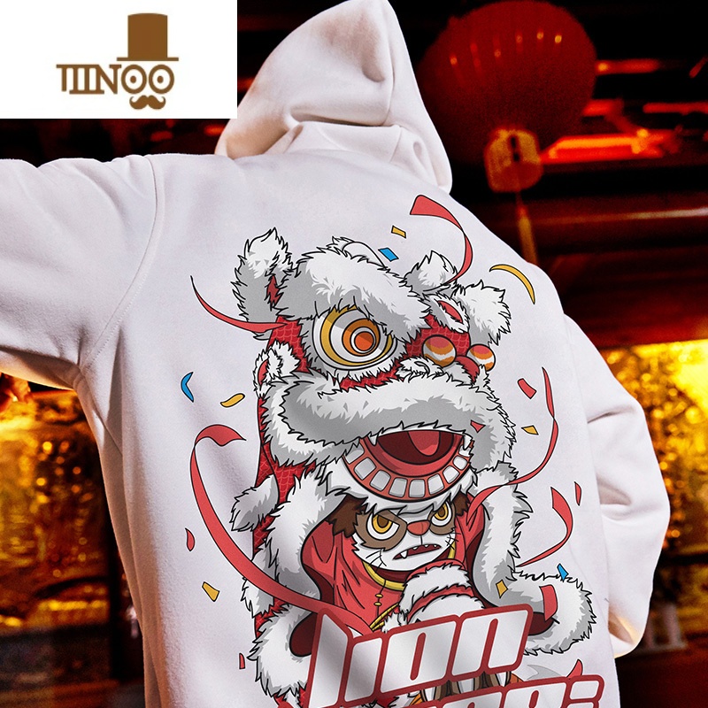 YANXU国潮中国风醒狮加绒连帽大码潮牌胖子oversize外套款卫衣男潮高清大图