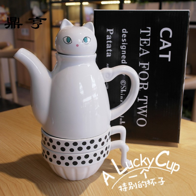 鼎亨日式泡茶水杯萌猫简约茶具陶瓷小茶壶带过滤网不锈钢咖啡餐厅
