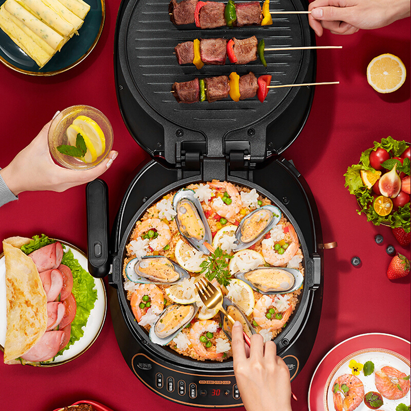 美的(Midea)电饼铛MC-JK30P301家用智能控温煎烤机蛋饼机深盘手柄煎饼铛三明治机早餐机可升降烤盘 下盘可拆洗