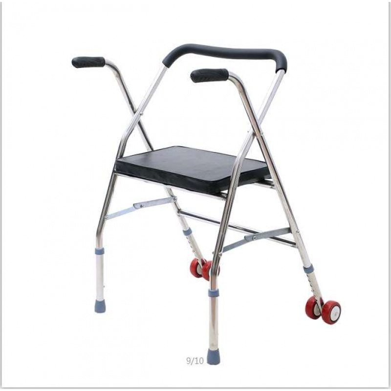 老年手推车双轮代步车老人带轮带座推椅可坐折叠残疾人助行不锈钢带轮