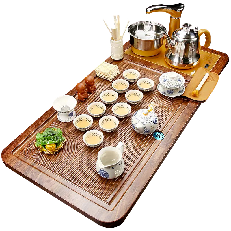 艺锦蓝 国产中国风整套功夫茶具套装家用全自动木茶盘