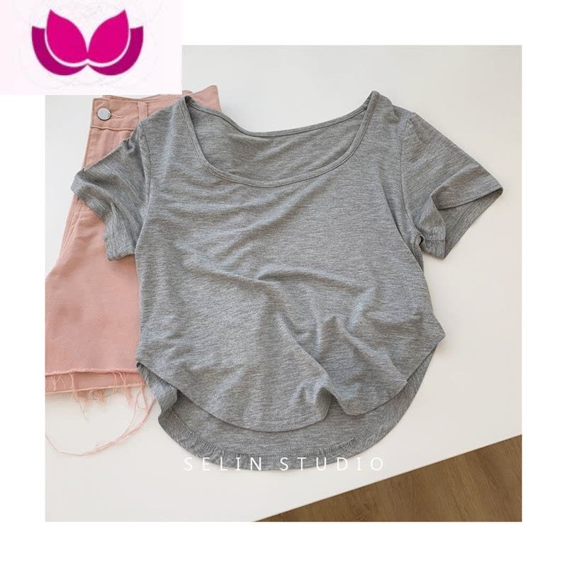 七斓基础款垂感方领莫代尔短袖T恤女修身显瘦短款打底衫上衣夏季薄款图片