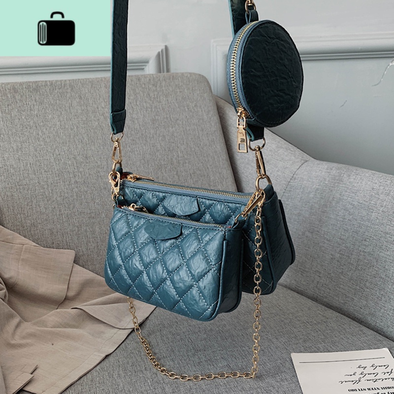 上新三件套小包包女新款时尚链条单肩包洋气斜挎包零钱包NEW LAKE 蓝色