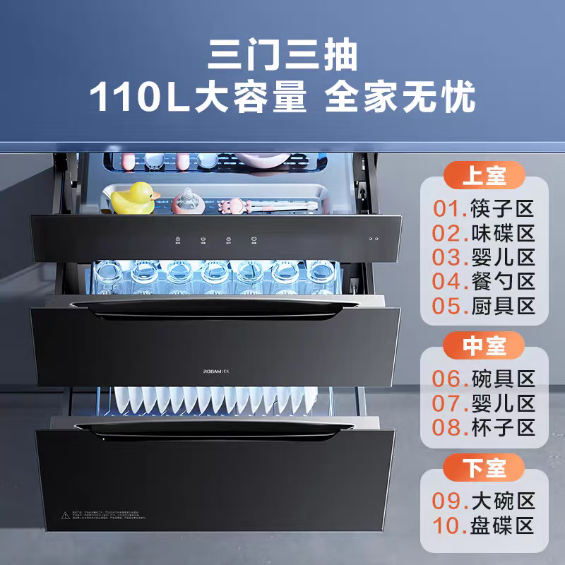老板(Robam)星辰系列消毒柜XB707A 家用三门三抽110L 纯物理紫外杀菌 疾速消烘母婴级消毒碗柜 二星级高清大图