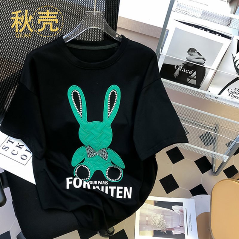 秋壳纯棉短袖t恤女夏新款韩版烫钻圆领上衣中长款宽松大码女装潮