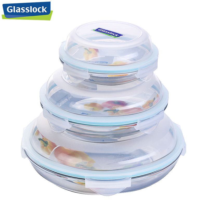 三光云彩(GLASSLOCK)韩国进口钢化玻璃密封圆盘保鲜盒餐盘加厚耐摔耐高温盘子可微波炉加热密封圈颜色随机