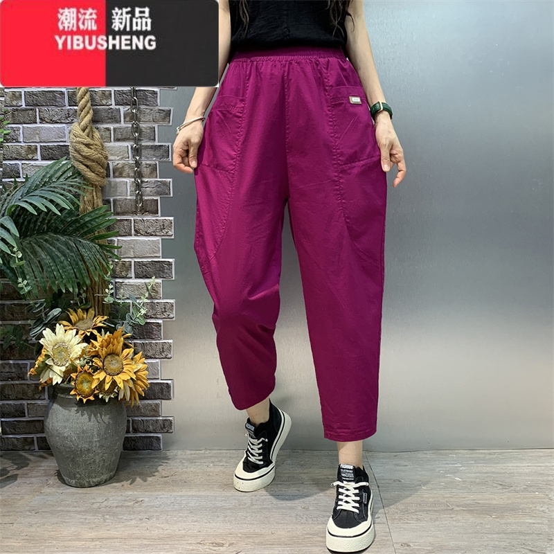 YIBUSHENG季水洗棉休闲裤女士高腰大口袋哈伦裤松紧腰七分八分裤