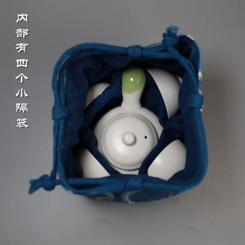 美帮汇植物蓝染棉布收纳袋茶壶茶杯一壶四杯束口抽绳扎染旅行茶具收纳包高清大图