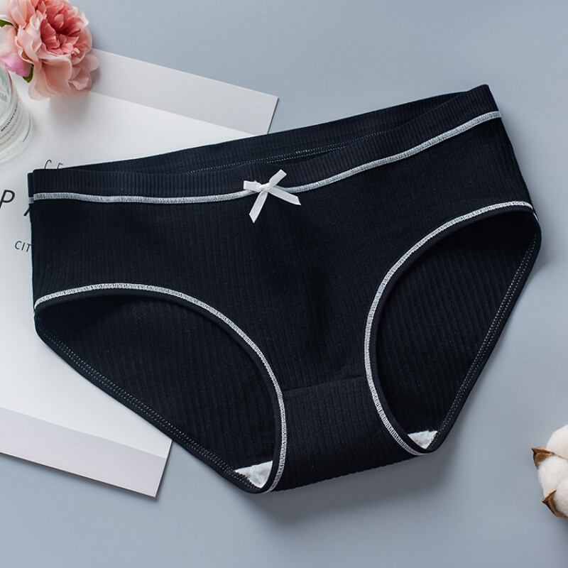 韩版螺纹精梳棉双层性感女生内裤中腰棉蝴蝶结女士三角裤黑色l视频
