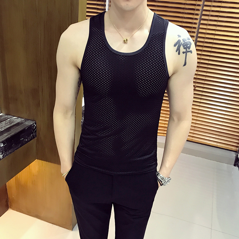 夜店型师紧身透明个性镂空背心男舞台演出服装夏款无袖t恤汗衫