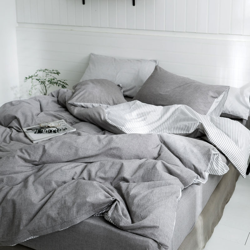 美帮汇被套四件套欧式风格全棉全棉夏季北欧床单 灰色简约单人三件套 浅灰细灰条 床单款：2.0床四件套【被套适合220*240被芯】