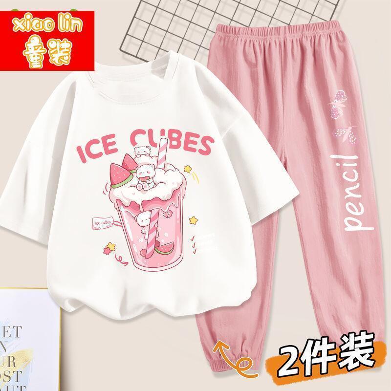 女童套装夏季薄款宽松短袖防蚊裤两件套儿童夏装洋气童装女 瓜熊杯白+两只蝴蝶粉裤 160