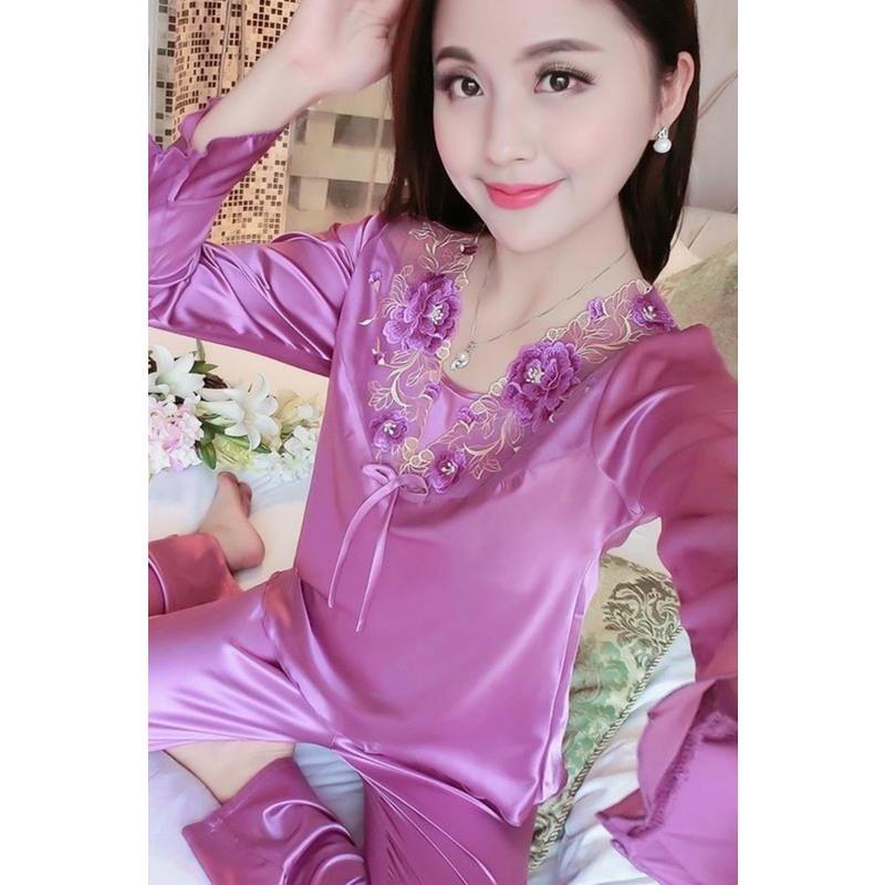 韩版夏季真丝睡衣女长袖春秋季冰丝绸薄款蕾丝两件套装奢华家居服 06吊带宝蓝裙 M[80-100斤]